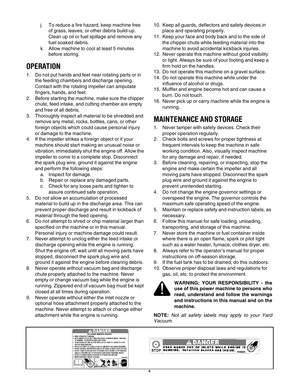 Operation, Maintenance and storage | Troy-Bilt 24A-070F766 User Manual | Page 4 / 20
