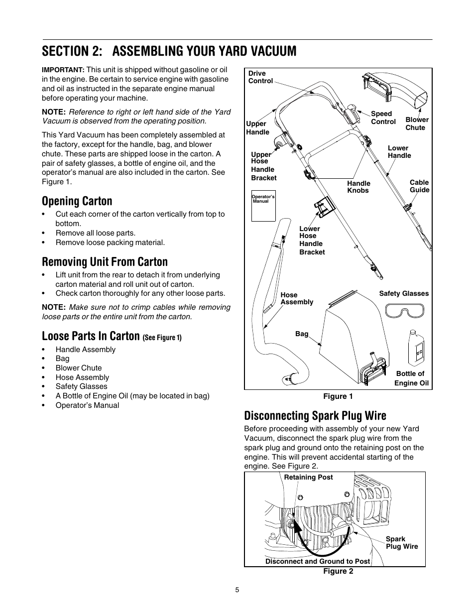 Section 2: assembling your yard vacuum, Opening carton, Removing unit from carton | Loose parts in carton (see figure 1), Disconnecting spark plug wire, Loose parts in carton | Troy-Bilt 24A-070F766 User Manual | Page 5 / 20