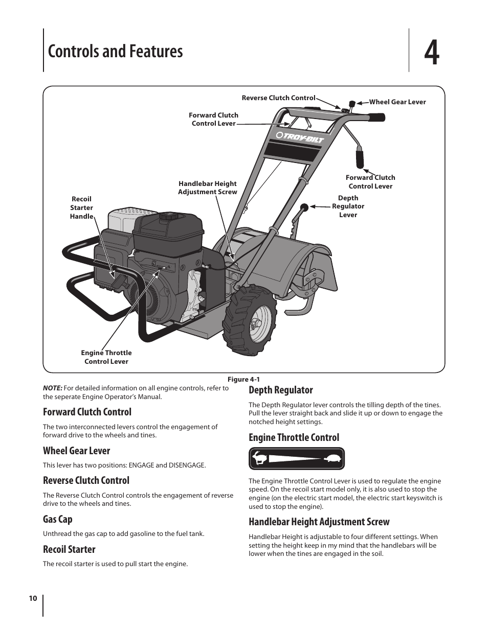 Controls and features, Forward clutch control, Wheel gear lever | Reverse clutch control, Gas cap, Recoil starter, Depth regulator, Engine throttle control, Handlebar height adjustment screw | Troy-Bilt Pro Line User Manual | Page 10 / 28