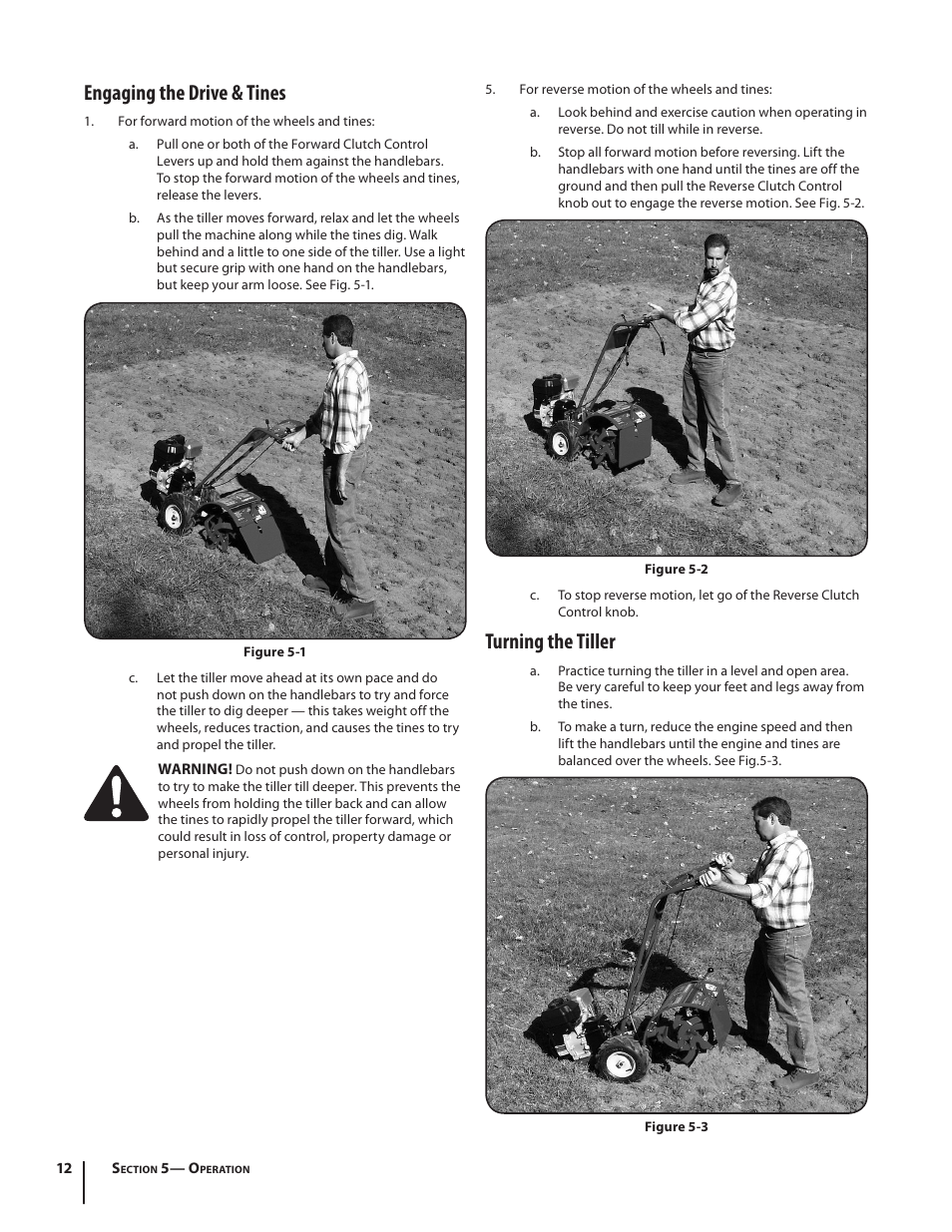 Engaging the drive & tines, Turning the tiller | Troy-Bilt Pro Line User Manual | Page 12 / 28