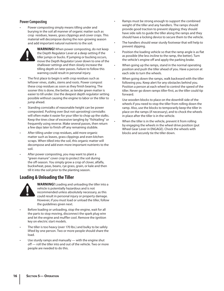 Loading & unloading the tiller, Power composting | Troy-Bilt Pro Line User Manual | Page 16 / 28