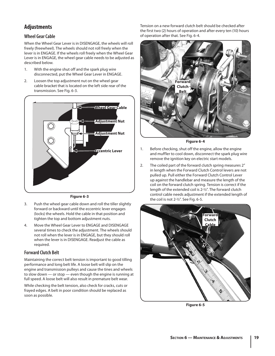 Adjustments, Wheel gear cable, Forward clutch belt | Troy-Bilt Pro Line User Manual | Page 19 / 28