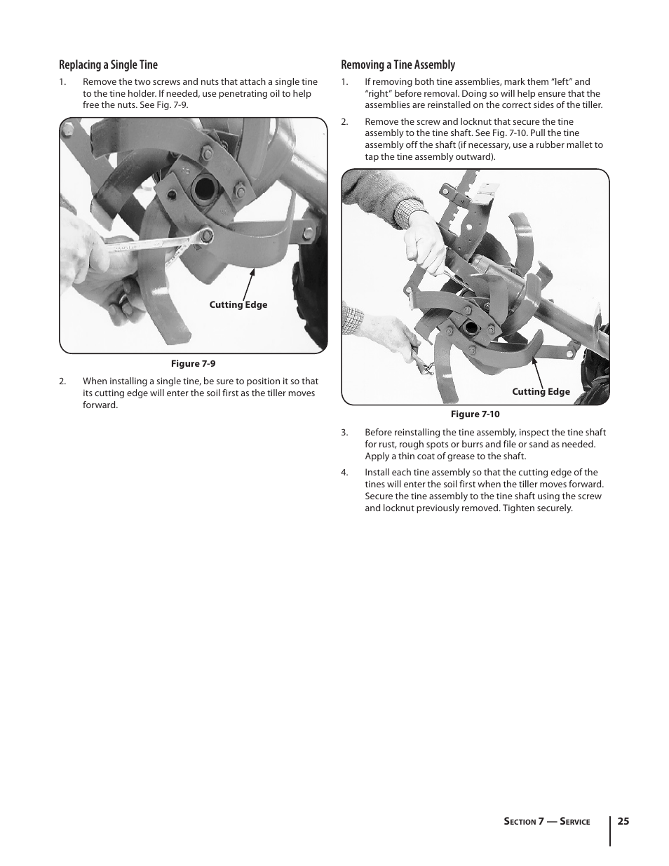 Replacing a single tine, Removing a tine assembly | Troy-Bilt Pro Line User Manual | Page 25 / 28
