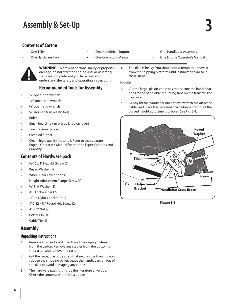 Assembly & set-up, Recommended tools for assembly, Contents of hardware pack | Assembly, Contents of carton | Troy-Bilt Pro Line User Manual | Page 6 / 28