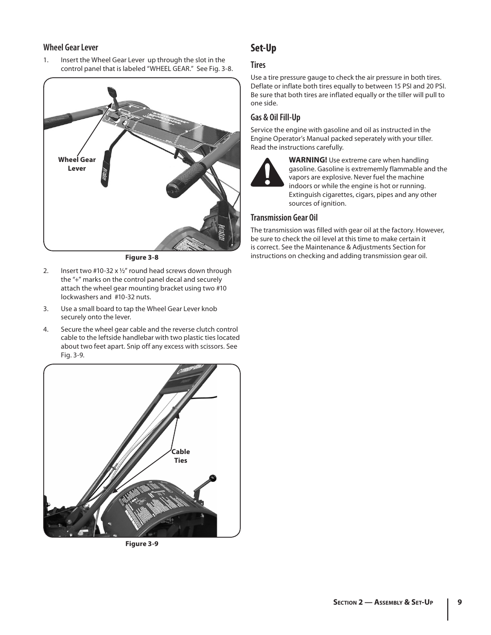 Set-up, Wheel gear lever, Tires | Gas & oil fill-up, Transmission gear oil | Troy-Bilt Pro Line User Manual | Page 9 / 28