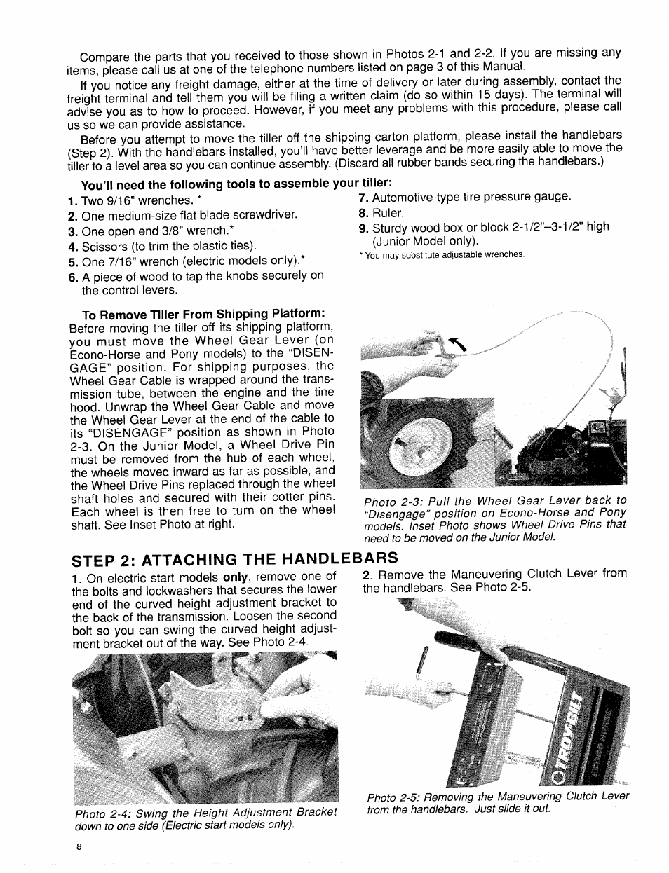 To remove tiller from shipping platform, Step 2: attaching the handlebars | Troy-Bilt 15009 User Manual | Page 10 / 56