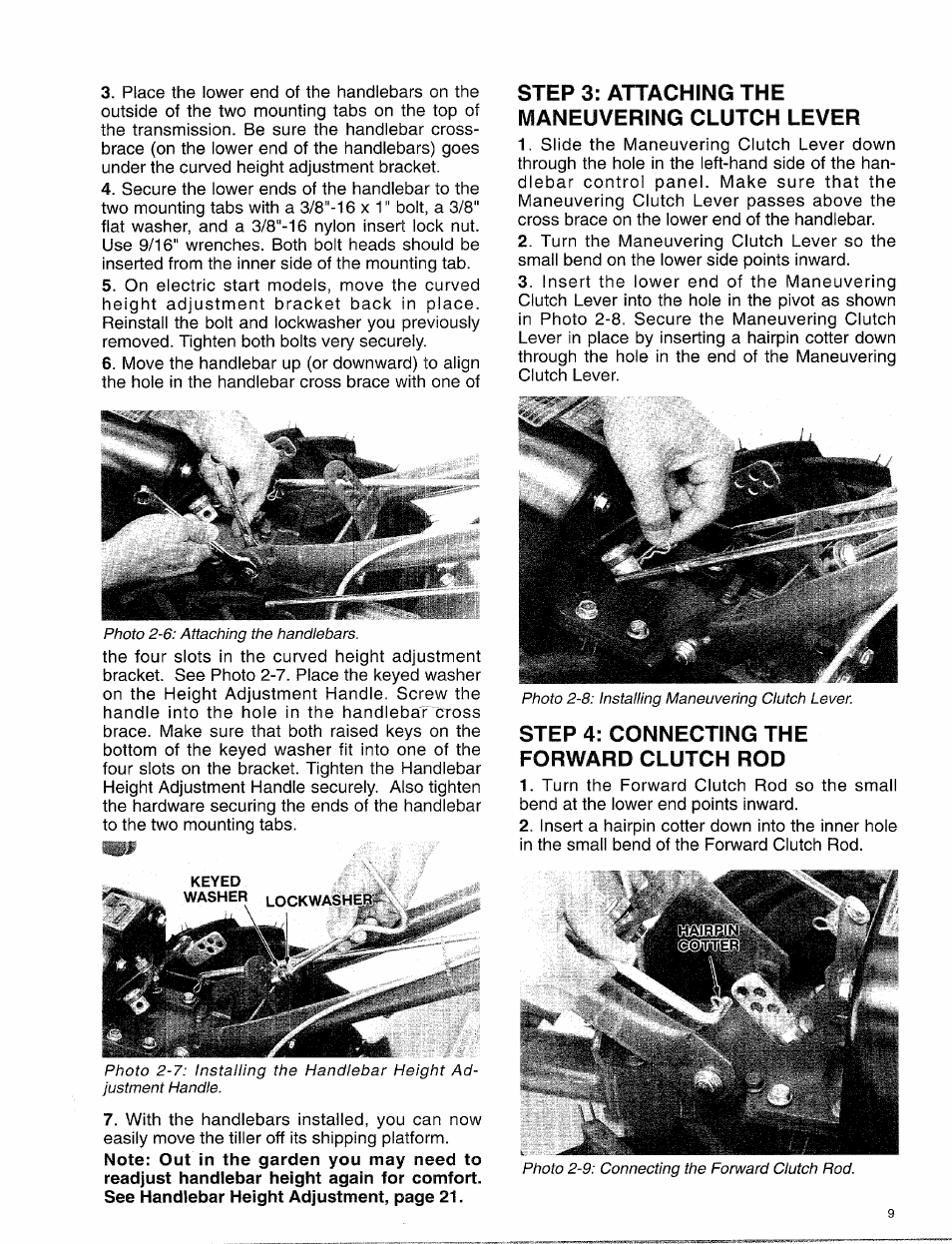 Step 3: attaching the maneuvering clutch lever, Step 4: connecting the forward clutch rod | Troy-Bilt 15009 User Manual | Page 11 / 56