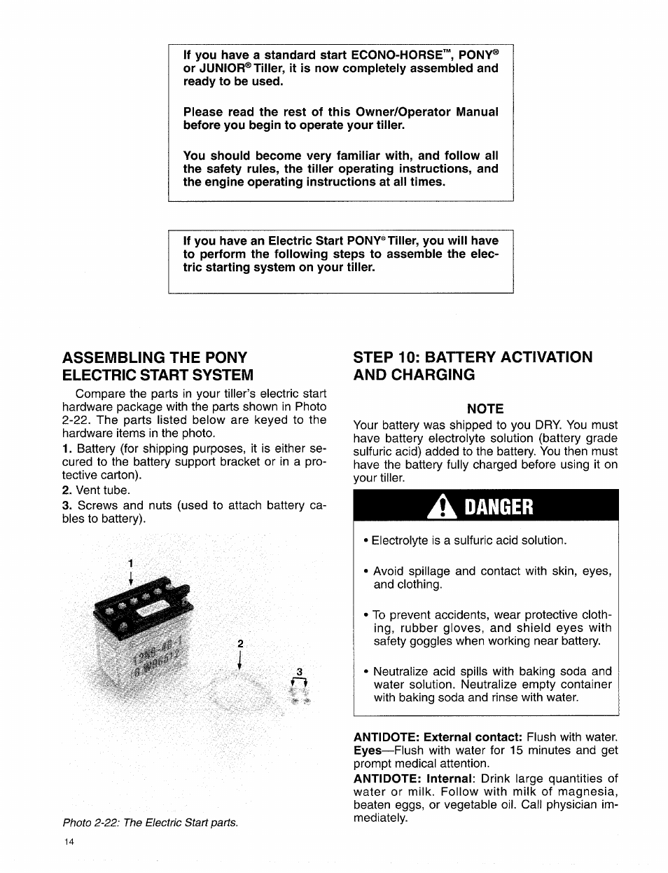 Assembling the pony electric start system, Step 10: battery activation and charging, Note | A danger | Troy-Bilt 15009 User Manual | Page 16 / 56