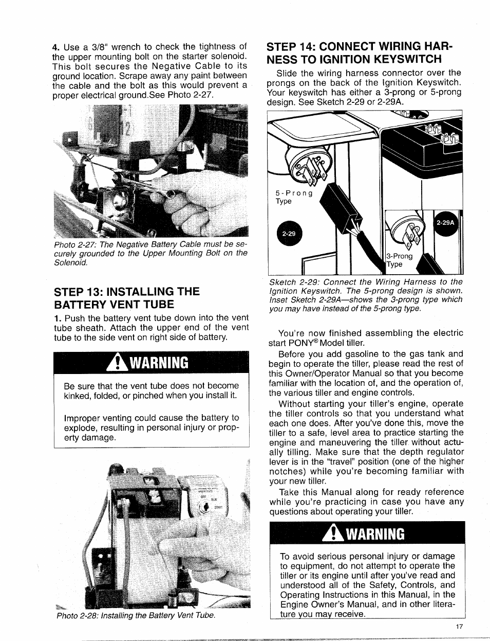 Step 13: installing the battery vent tube, Awarning, Warning | Troy-Bilt 15009 User Manual | Page 19 / 56