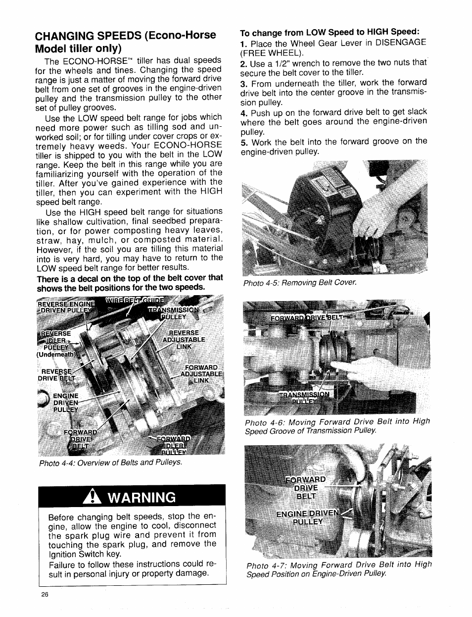 Changing speeds (econo-horse model tiller only), A warning, To change from low speed to high speed | Changing speeds (econo-horse only), Warning | Troy-Bilt 15009 User Manual | Page 28 / 56