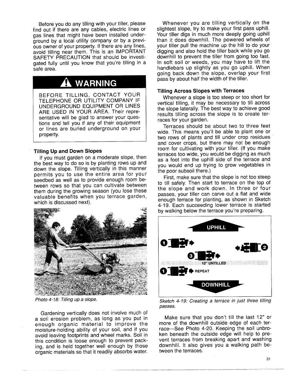 A warning, Tilling up and down slopes, Tilling across slopes with terraces | Warning | Troy-Bilt 15009 User Manual | Page 33 / 56