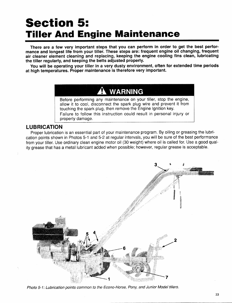 Tiller and engine maintenance, A warning, Lubrication | Section 5: tiller and engine maintenance, Warning | Troy-Bilt 15009 User Manual | Page 35 / 56