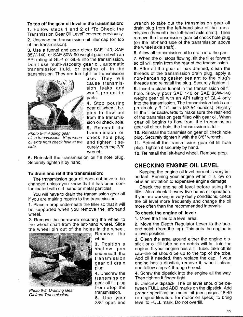 To top off the gear oil level in the transmission, To drain and refill the transmission, Checking engine oil level | Troy-Bilt 15009 User Manual | Page 37 / 56