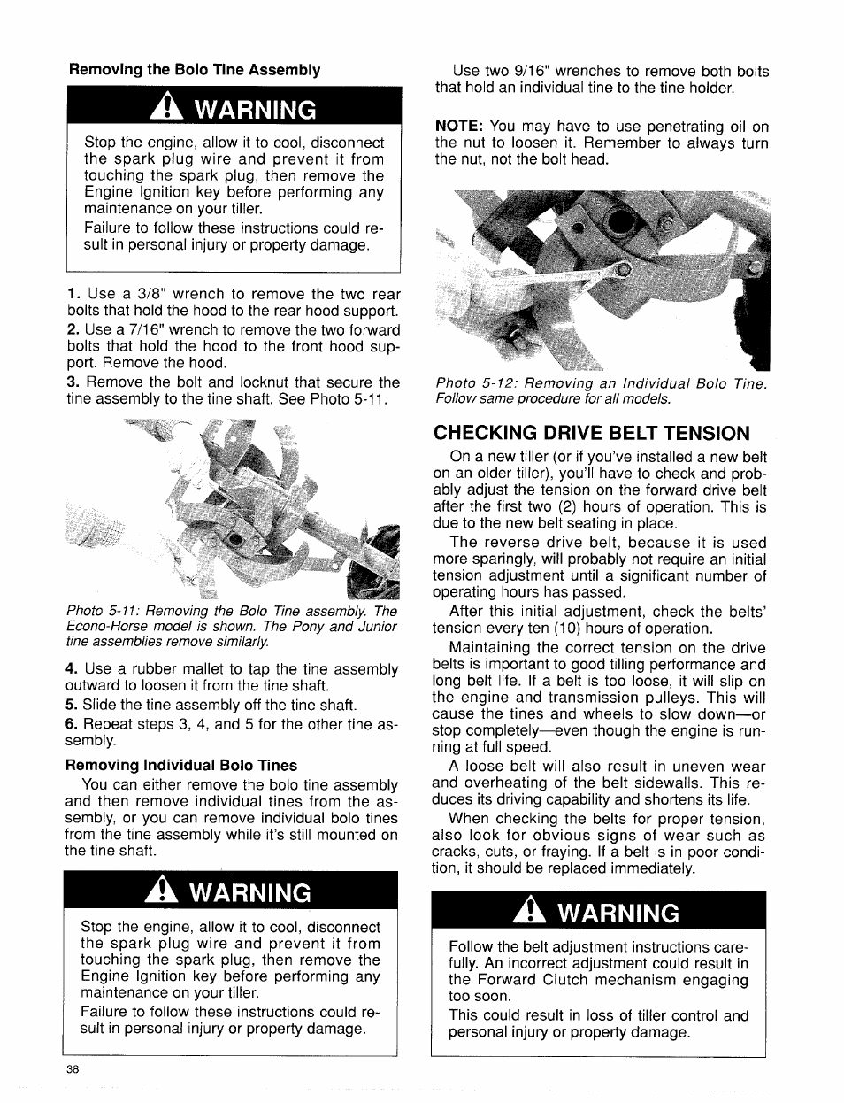 Removing the bolo tine assembly, A warning, Checking drive belt tension | Warning | Troy-Bilt 15009 User Manual | Page 40 / 56