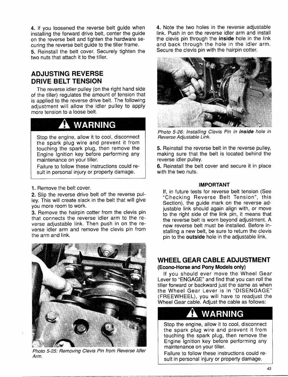 Adjusting reverse drive belt tension, A warning, Important | Wheel gear cable adjustment, Warning | Troy-Bilt 15009 User Manual | Page 45 / 56