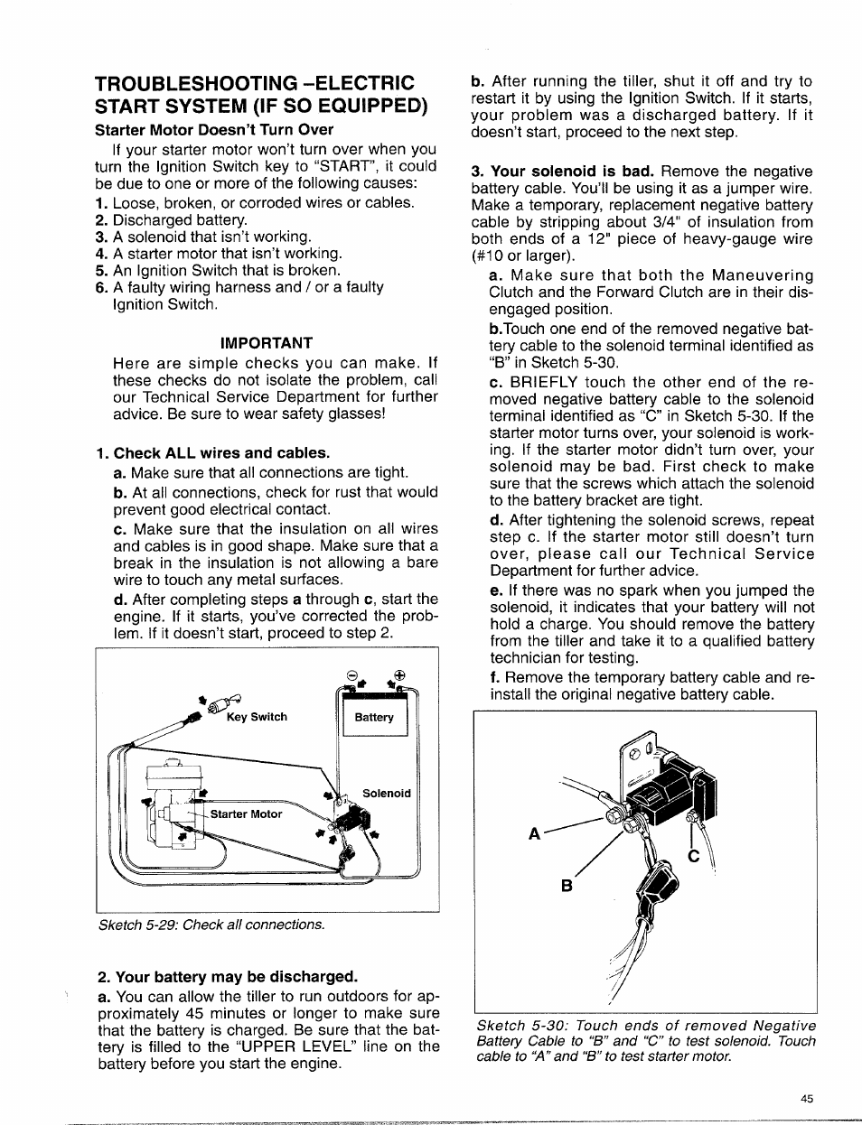 Important, Check all wires and cables, Your battery may be discharged | Troy-Bilt 15009 User Manual | Page 47 / 56