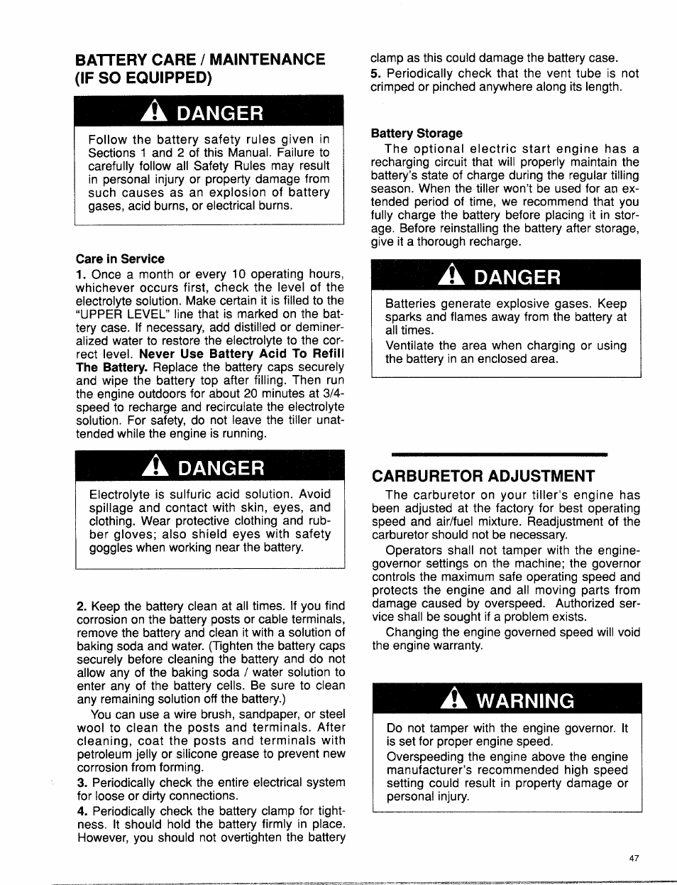 Battery care / maintenance (if so equipped), A danger, Care in service | Battery storage, Carburetor adjustment, A warning, Danger, Warning | Troy-Bilt 15009 User Manual | Page 49 / 56