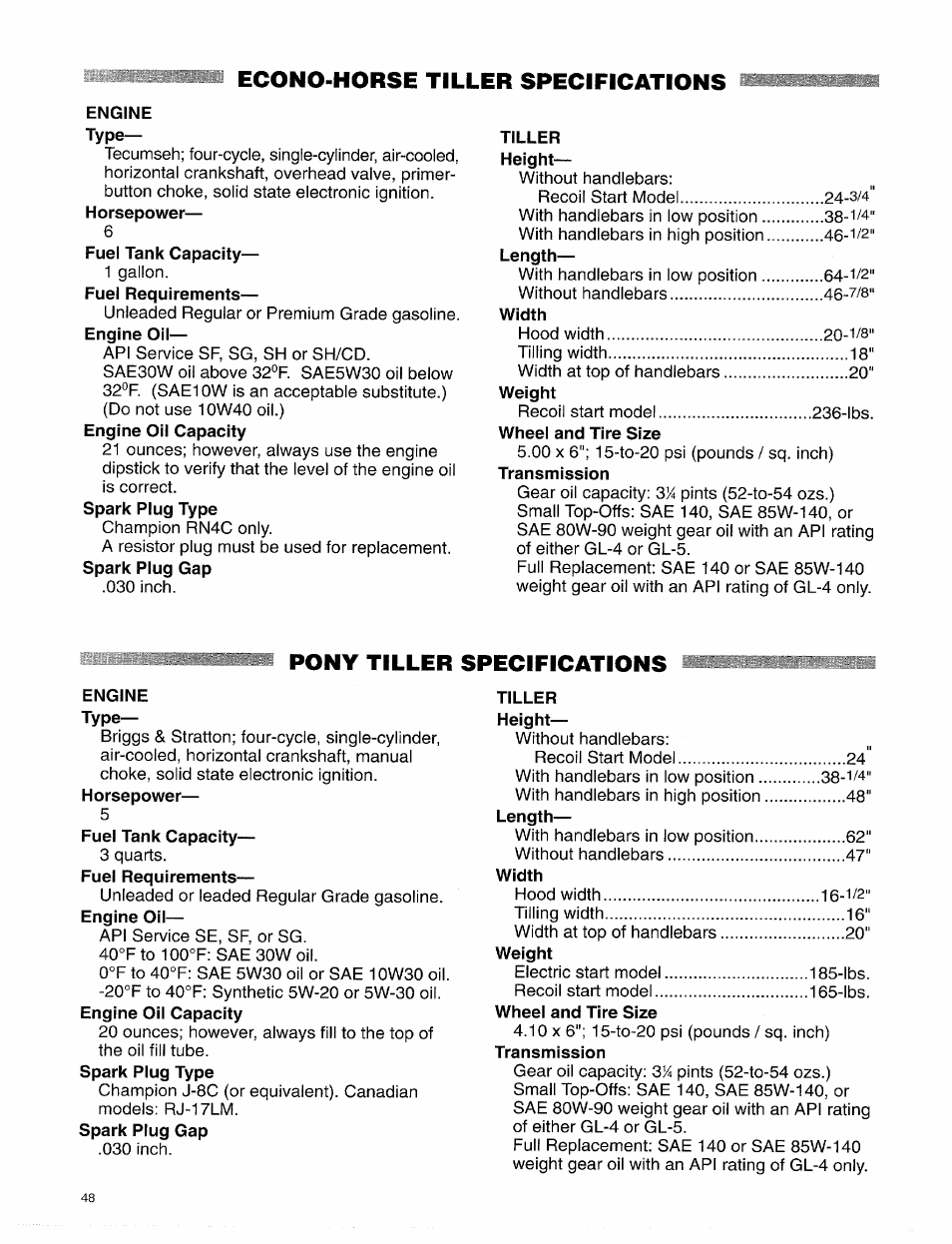 Econo-horse tiller specifications, Pony tiller specifications | Troy-Bilt 15009 User Manual | Page 50 / 56