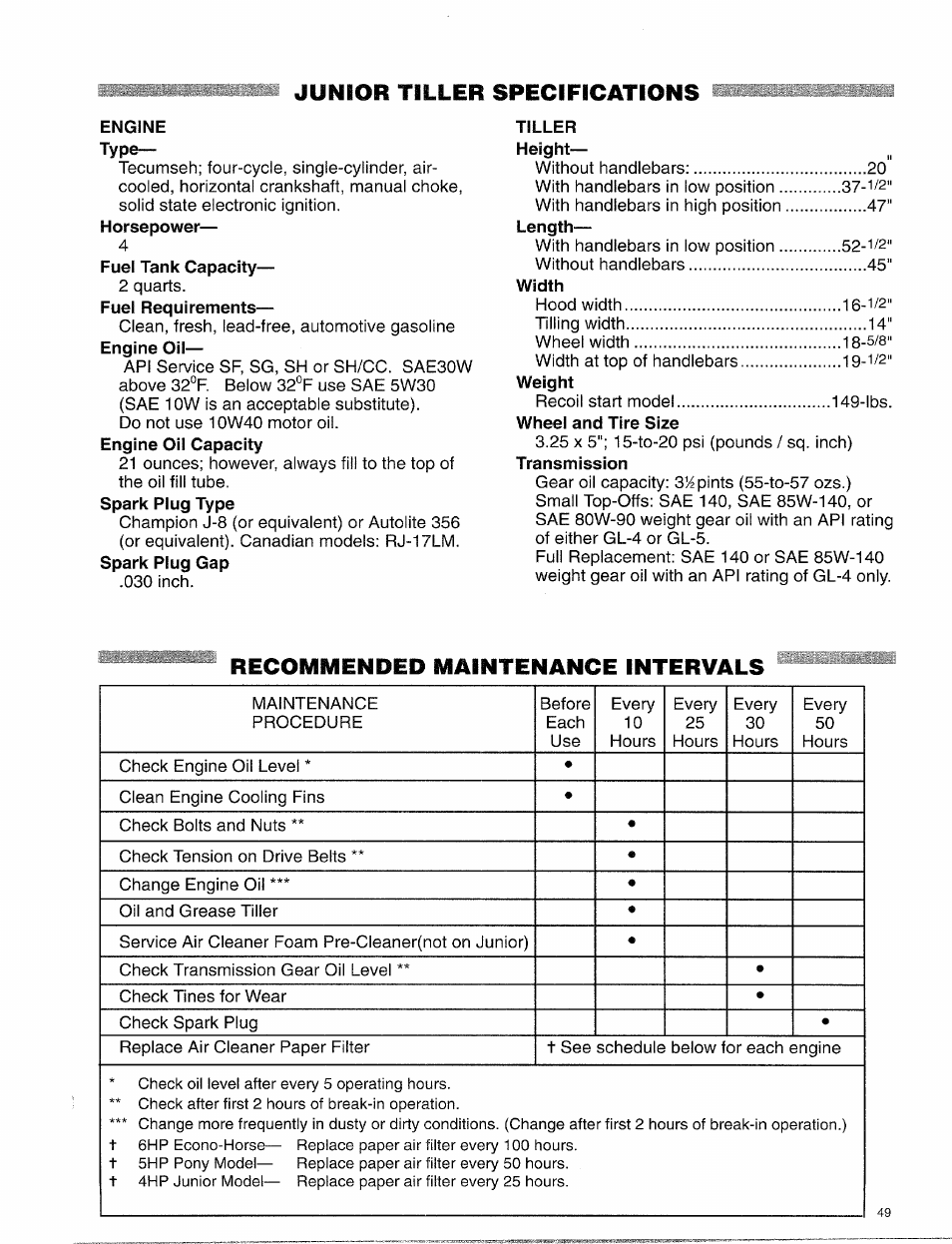 Engine tiller, Junior tiller, Specifications | Recommended maintenance intervals | Troy-Bilt 15009 User Manual | Page 51 / 56