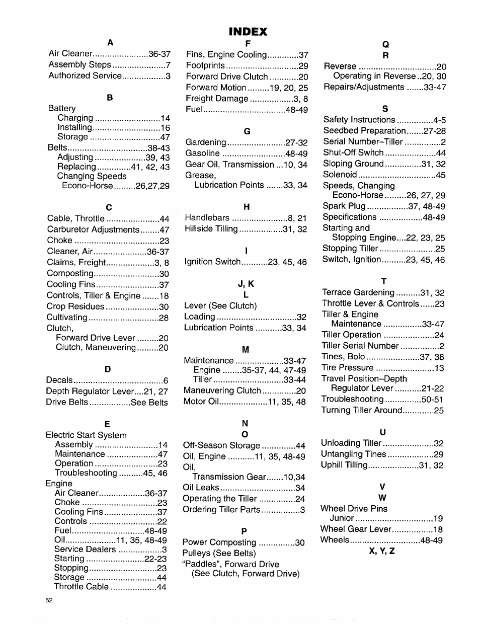 Index | Troy-Bilt 15009 User Manual | Page 54 / 56