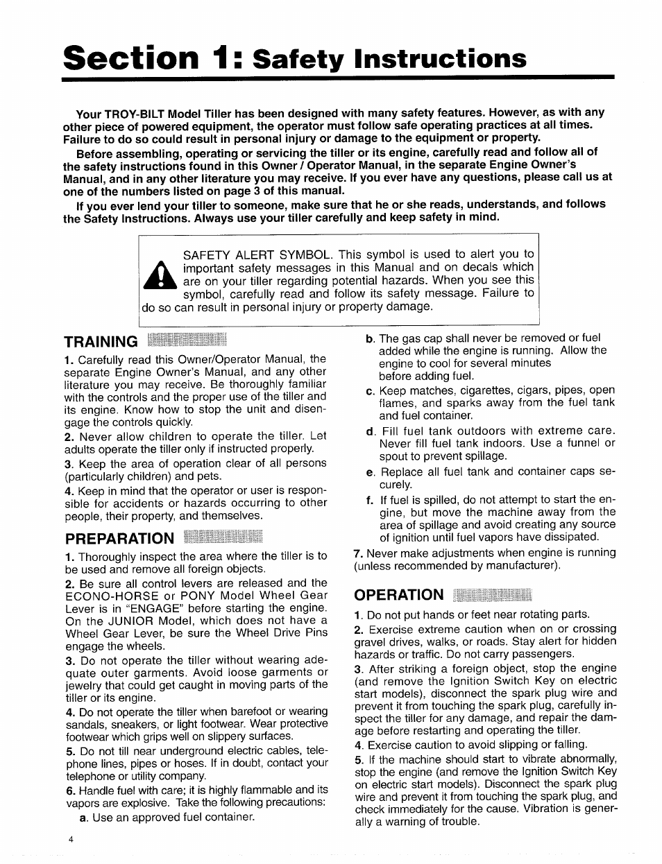 Section 1: safety instructions, Training, Preparation | Operation, Safety instructions | Troy-Bilt 15009 User Manual | Page 6 / 56