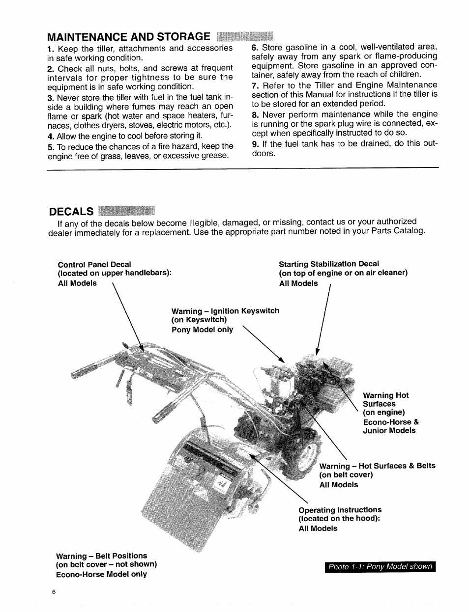 Maintenance and storage, Decals | Troy-Bilt 15009 User Manual | Page 8 / 56