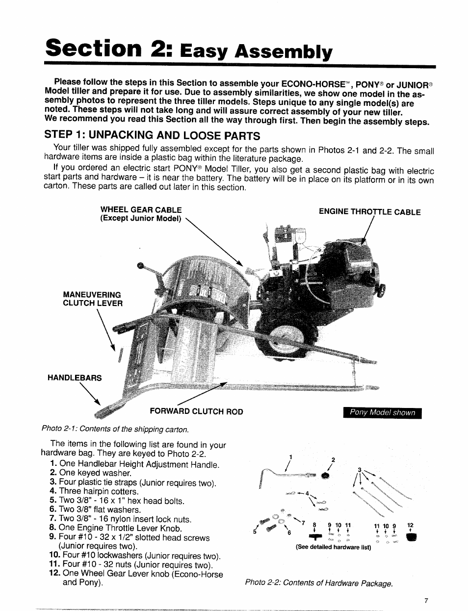 Section 2: easy assembly, Step1: unpacking and loose parts, Easy assembly | Troy-Bilt 15009 User Manual | Page 9 / 56