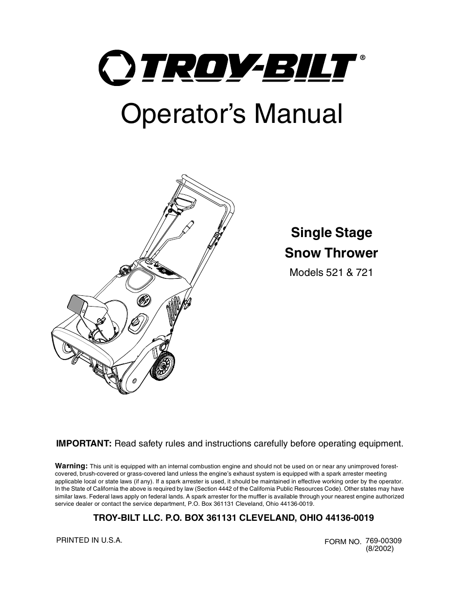 Troy-Bilt 521 User Manual | 16 pages