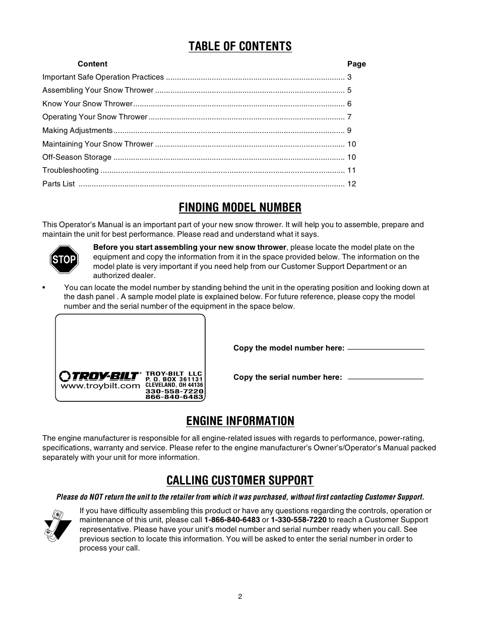 Troy-Bilt 521 User Manual | Page 2 / 16