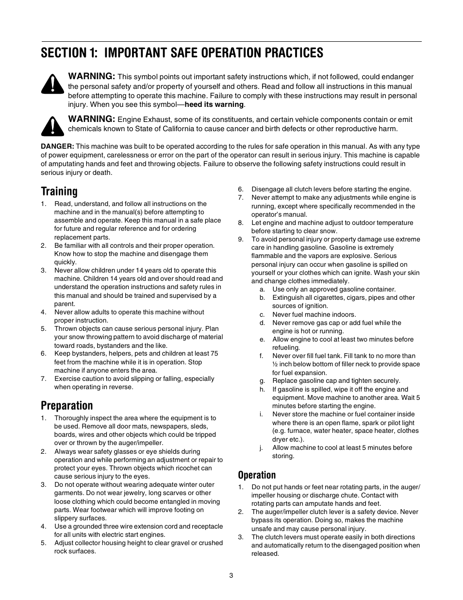 Training, Preparation, Operation | Warning | Troy-Bilt 521 User Manual | Page 3 / 16