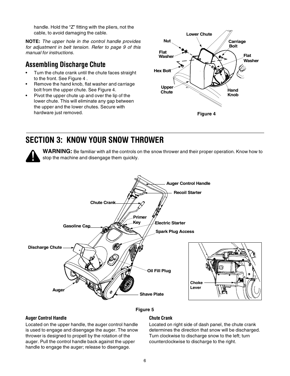 Assembling discharge chute, Warning | Troy-Bilt 521 User Manual | Page 6 / 16