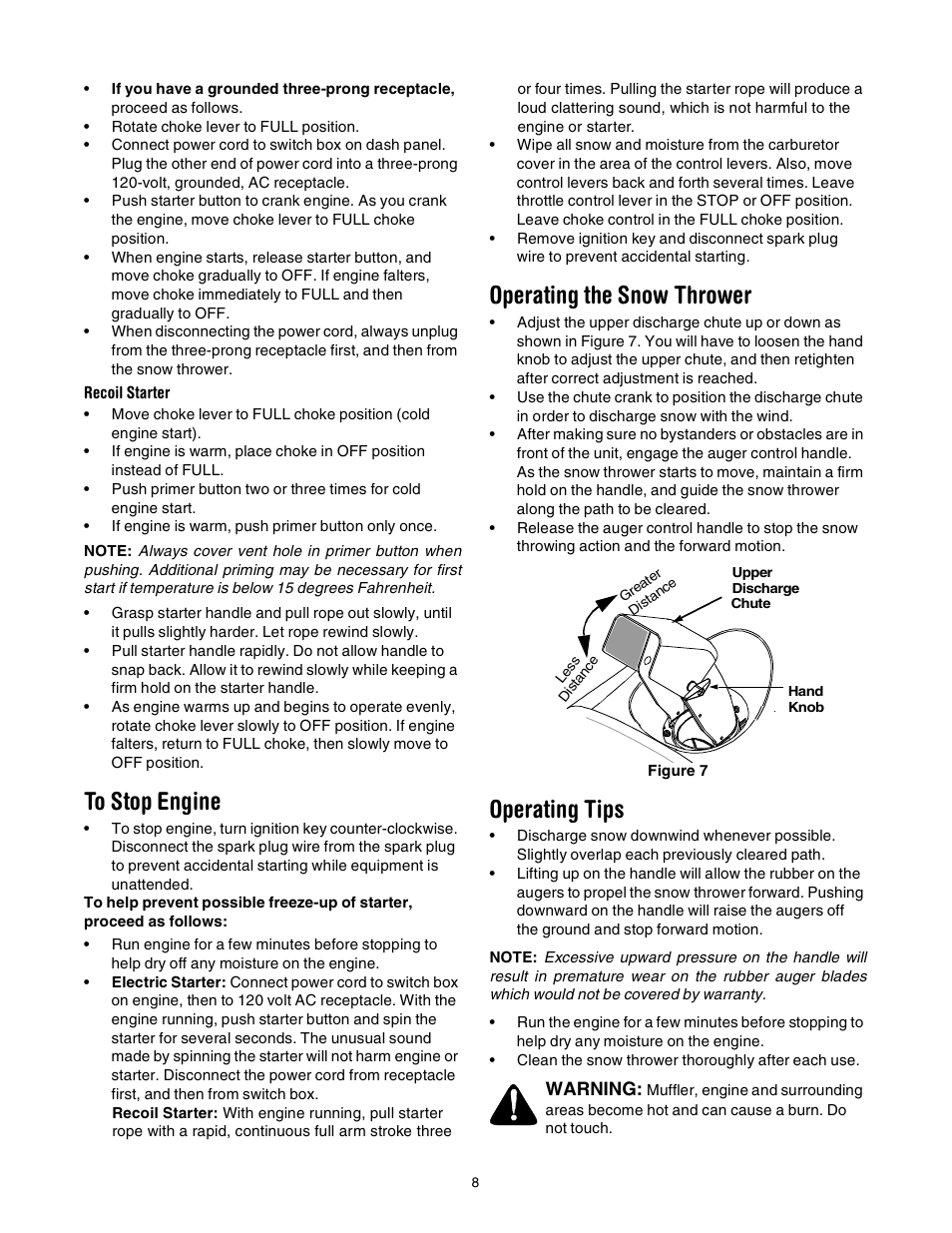 Operating the snow thrower, Operating tips | Troy-Bilt 521 User Manual | Page 8 / 16