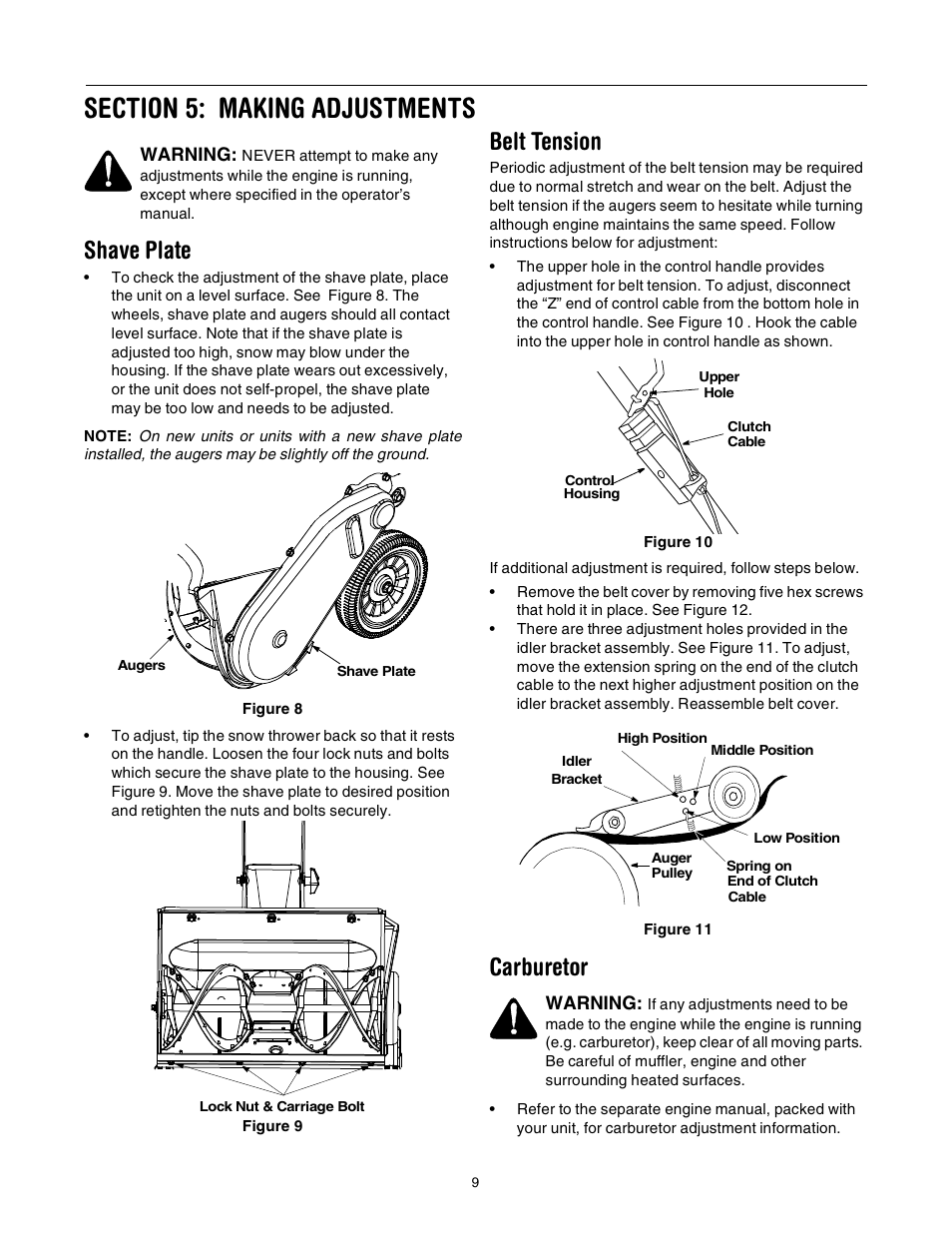 Shave plate, Belt tension, Carburetor | Troy-Bilt 521 User Manual | Page 9 / 16
