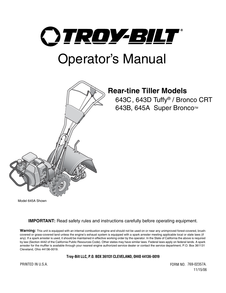 Troy-Bilt 643B Super Bronco User Manual | 32 pages