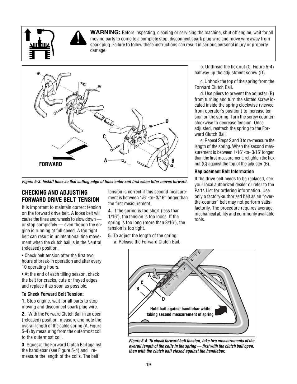 Checking and adjusting forward drive belt tension | Troy-Bilt 643B Super Bronco User Manual | Page 19 / 32
