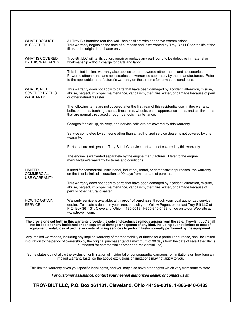 Troy-bilt tiller lifetime limited warranty | Troy-Bilt 643B Super Bronco User Manual | Page 32 / 32