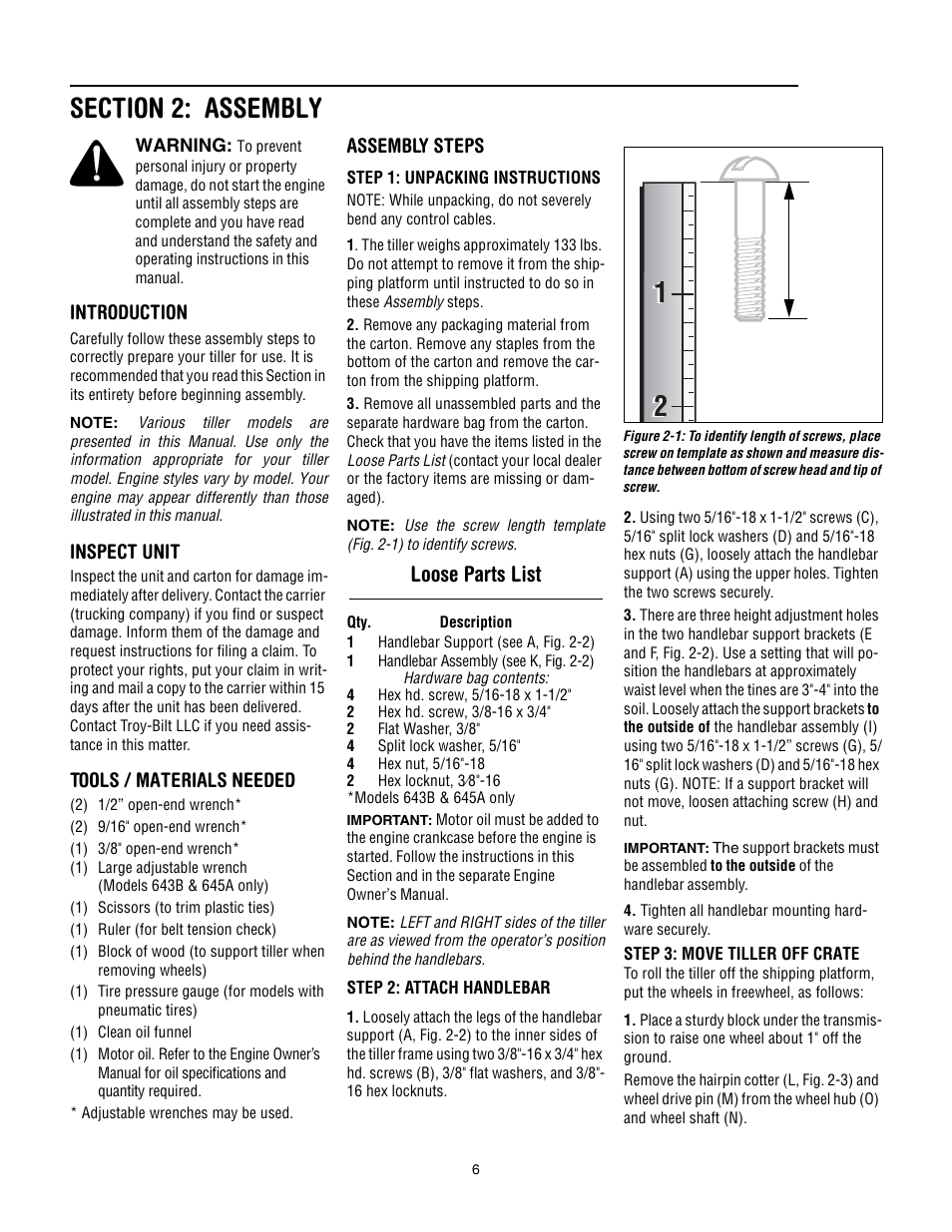 Section 2: assembly, Loose parts list, Introduction | Inspect unit, Tools / materials needed, Assembly steps | Troy-Bilt 643B Super Bronco User Manual | Page 6 / 32