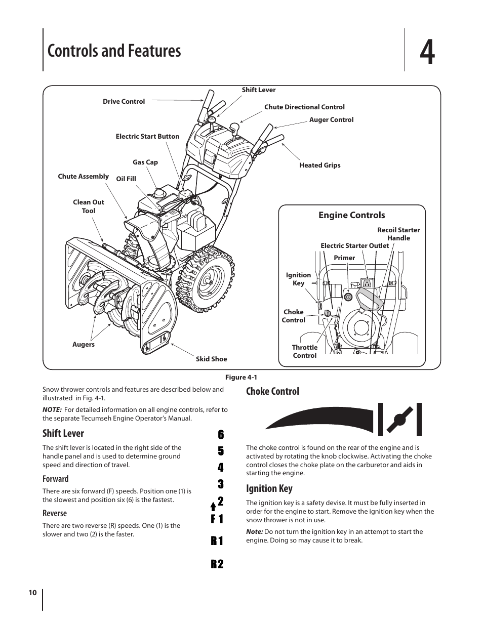 Controls and features, Shift lever, Choke control | Ignition key | Troy-Bilt 9528 User Manual | Page 10 / 48