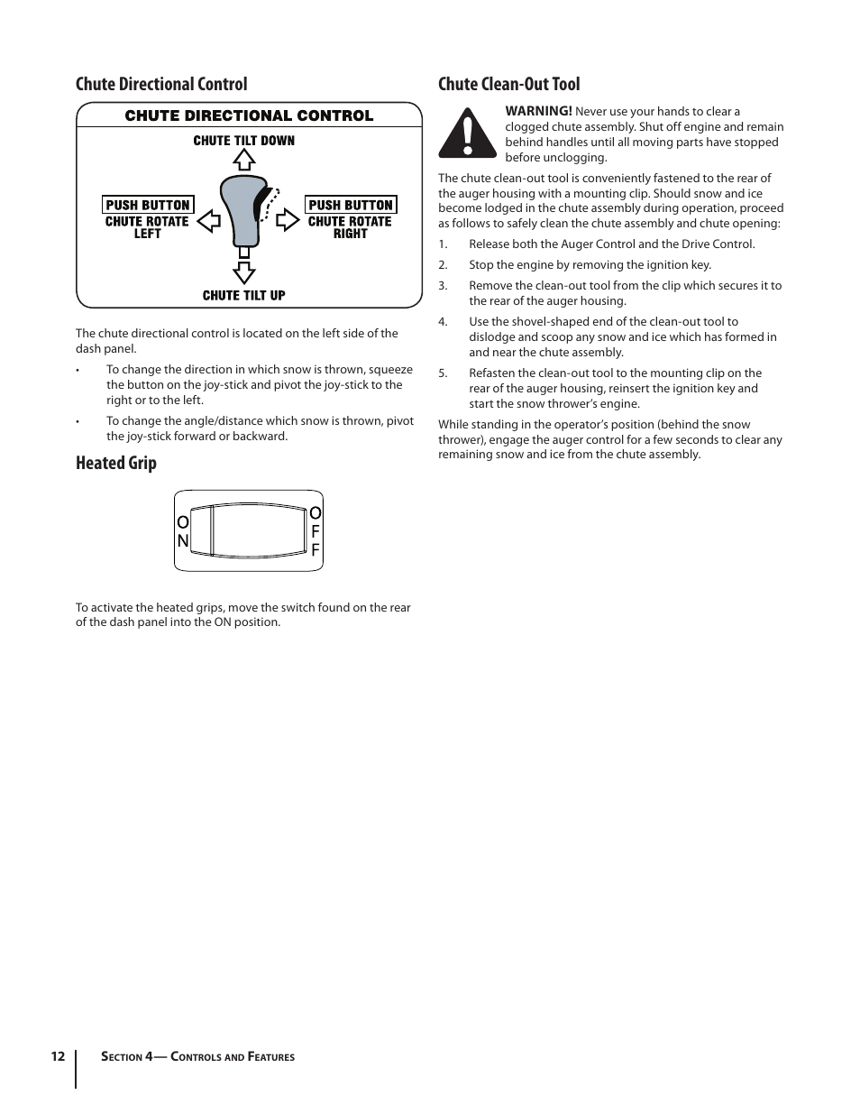 Chute directional control, Heated grip, Chute clean-out tool | Troy-Bilt 9528 User Manual | Page 12 / 48