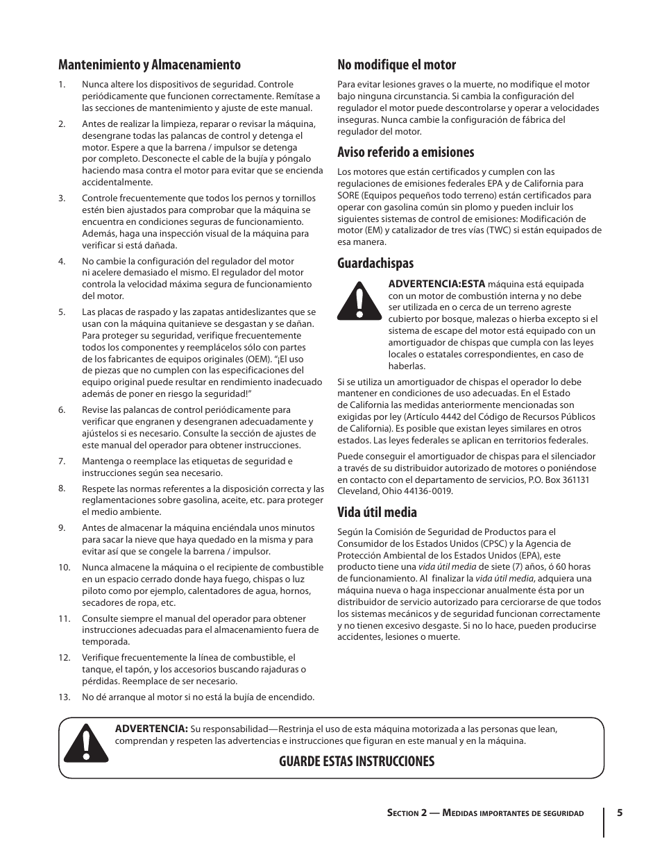 Mantenimiento y almacenamiento, No modifique el motor, Aviso referido a emisiones | Guardachispas, Vida útil media, Guarde estas instrucciones | Troy-Bilt 9528 User Manual | Page 29 / 48