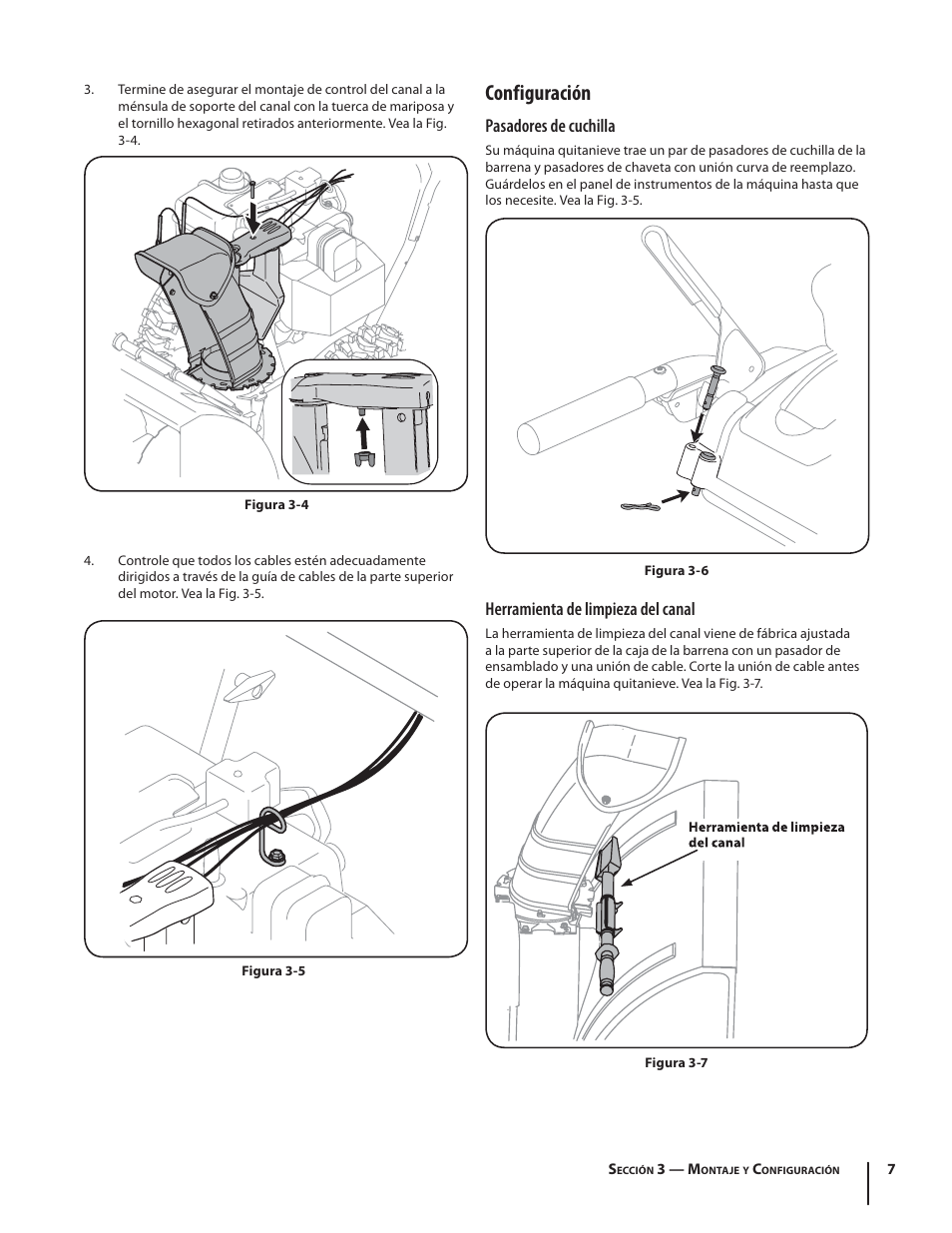 Configuración, Pasadores de cuchilla, Herramienta de limpieza del canal | Troy-Bilt 9528 User Manual | Page 31 / 48
