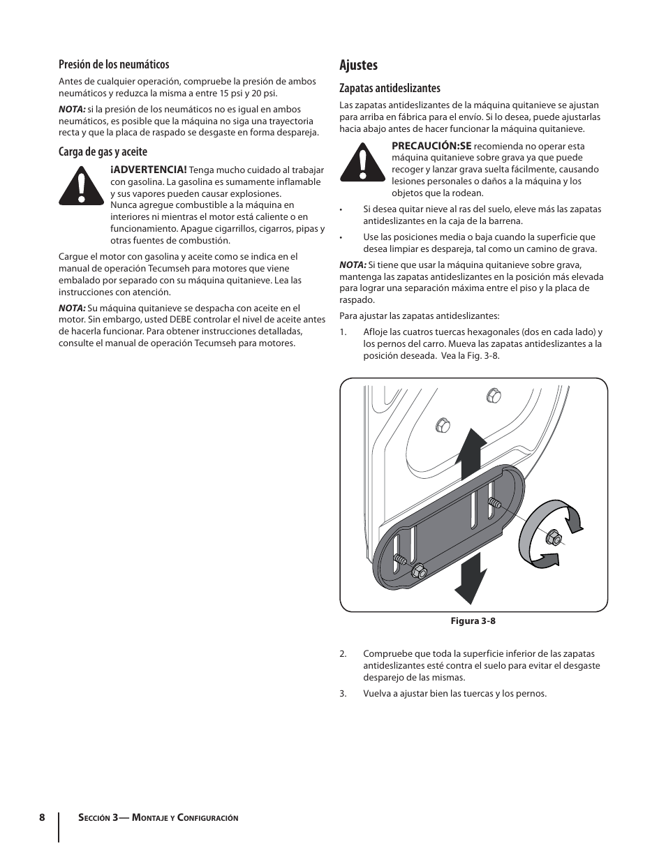 Ajustes, Presión de los neumáticos, Carga de gas y aceite | Zapatas antideslizantes | Troy-Bilt 9528 User Manual | Page 32 / 48