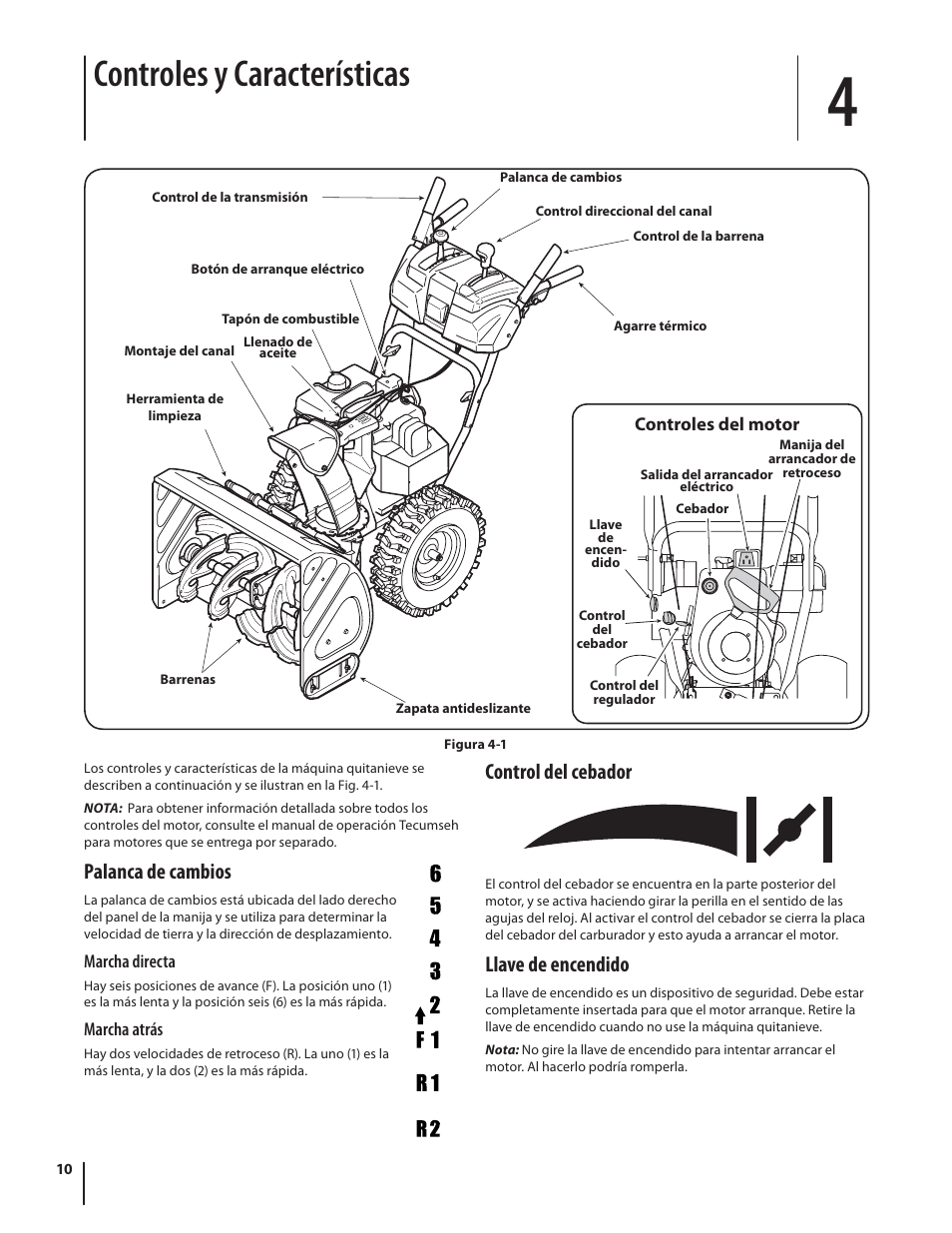Controles y características, Palanca de cambios, Control del cebador | Llave de encendido | Troy-Bilt 9528 User Manual | Page 34 / 48