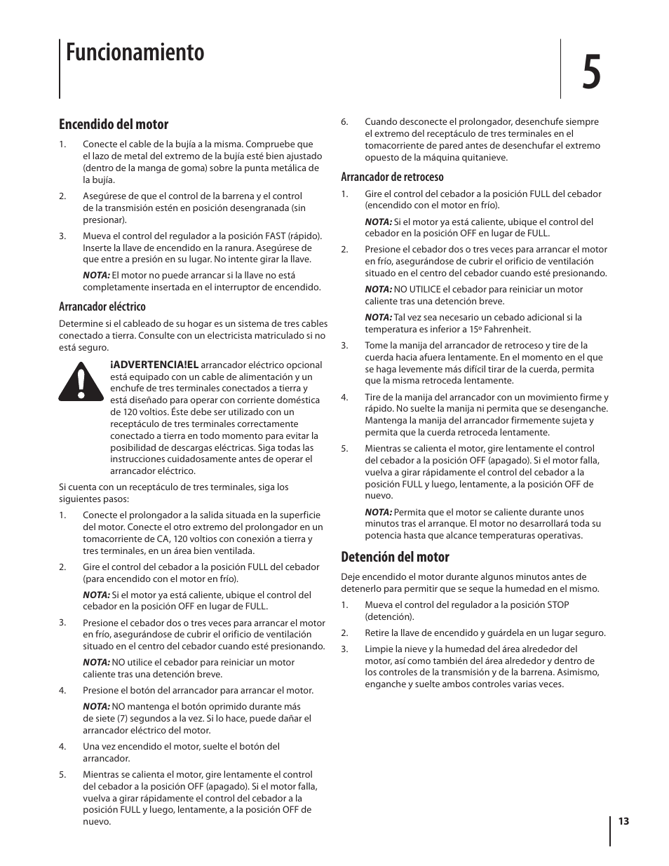 Funcionamiento, Encendido del motor, Detención del motor | Troy-Bilt 9528 User Manual | Page 37 / 48