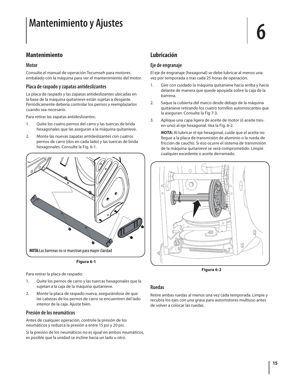 Mantenimiento y ajustes, Mantenimiento, Lubricación | Troy-Bilt 9528 User Manual | Page 39 / 48