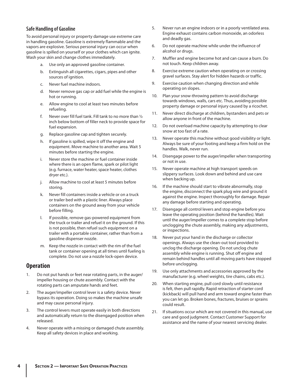 Operation, Safe handling of gasoline | Troy-Bilt 9528 User Manual | Page 4 / 48