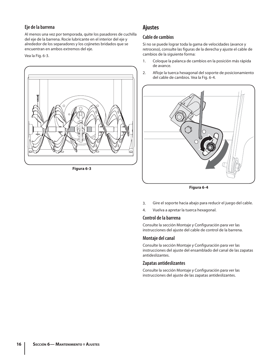 Ajustes, Eje de la barrena, Cable de cambios | Control de la barrena, Montaje del canal, Zapatas antideslizantes | Troy-Bilt 9528 User Manual | Page 40 / 48
