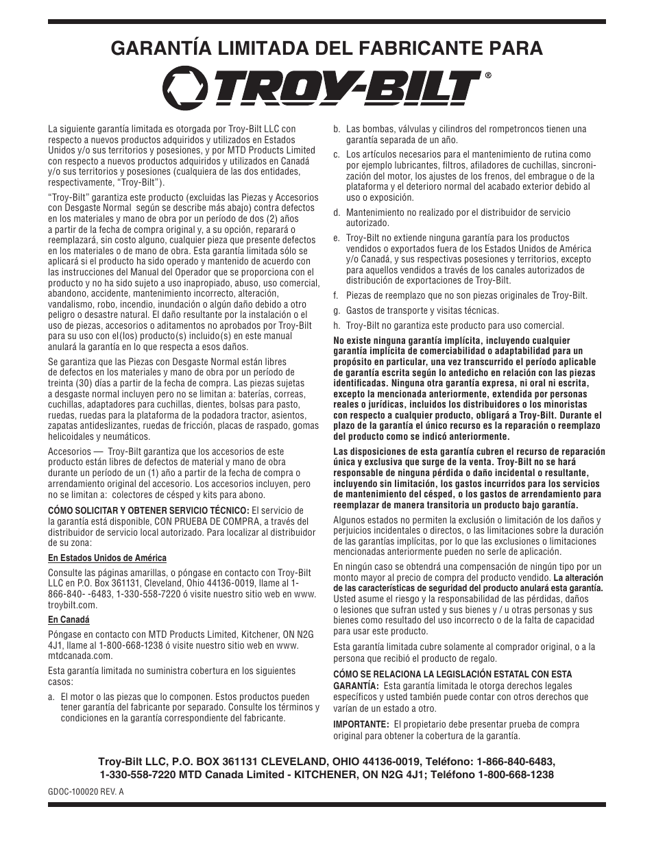 Garantía limitada del fabricante para | Troy-Bilt 9528 User Manual | Page 48 / 48