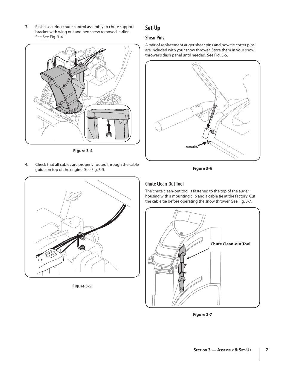 Set-up, Shear pins, Chute clean-out tool | Troy-Bilt 9528 User Manual | Page 7 / 48