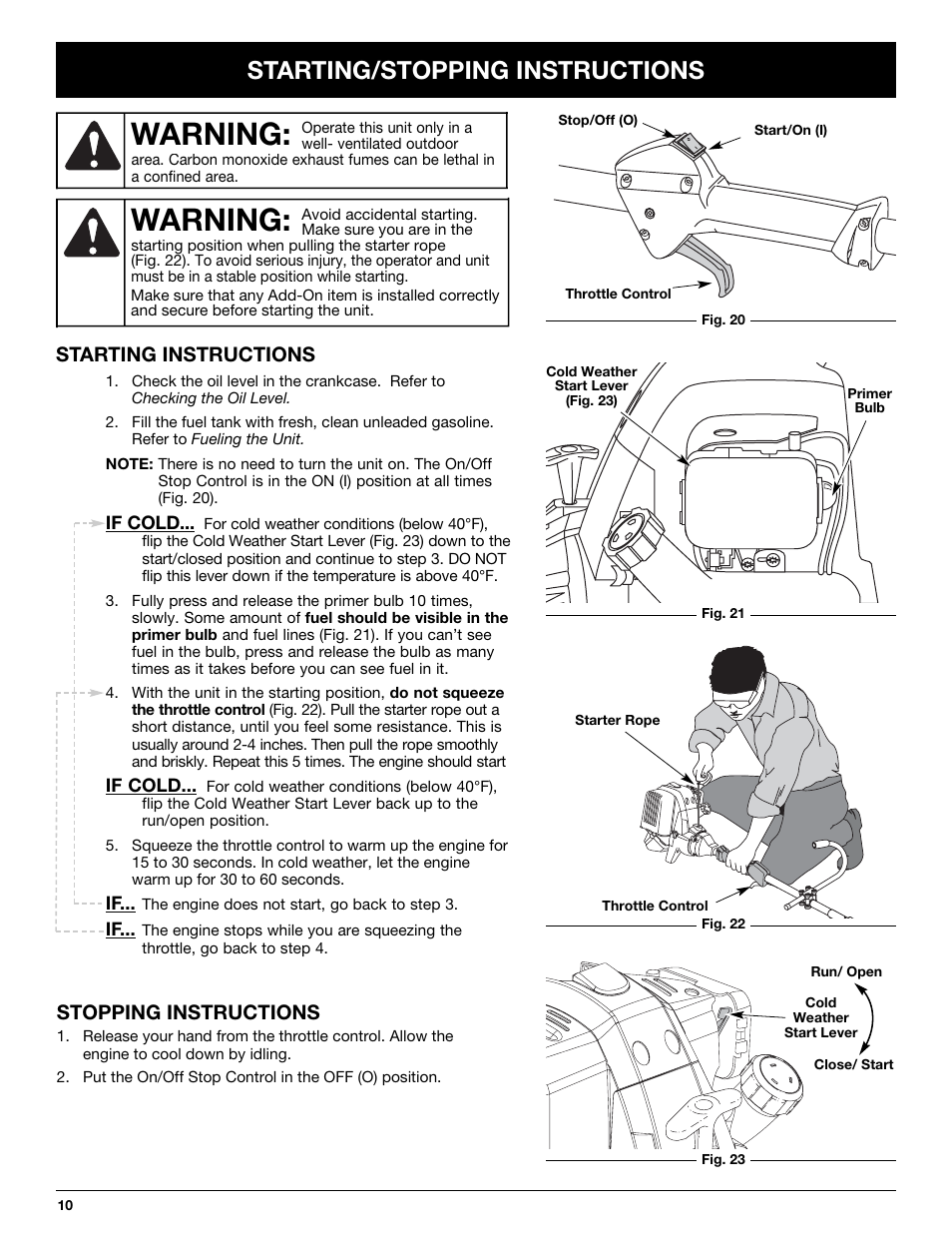 Warning, Starting/stopping instructions, Starting instructions stopping instructions | Troy-Bilt TB245CS User Manual | Page 10 / 80